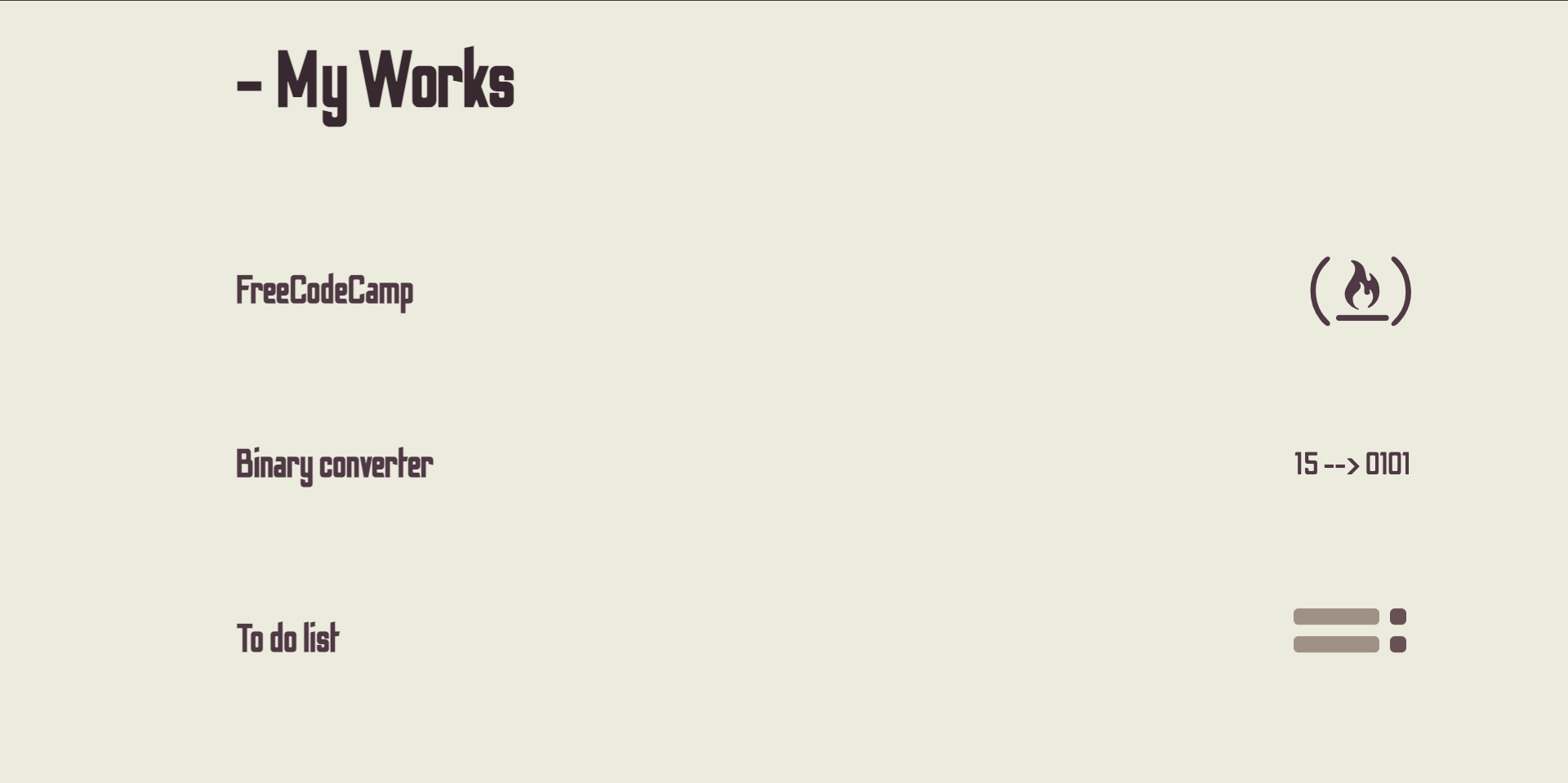 L’elenco My Works del portfolio 2021 con FreeCodeCamp, Binary Converter e Todo List