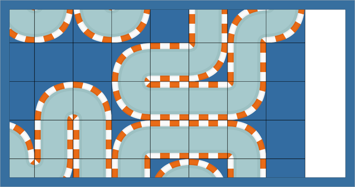 Griglia generata con Wave Function Collapse composta da strade azzurre e arancioni