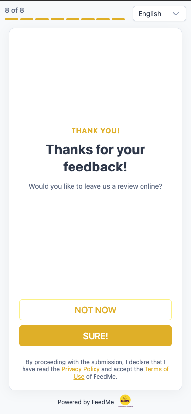 Conclusione del questionario Feed Me con invito alla recensione pubblica