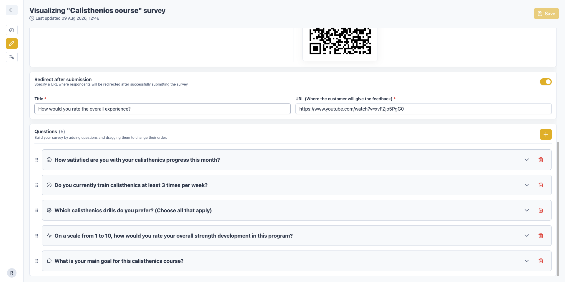 Editor Feed Me con le domande del questionario riordinabili