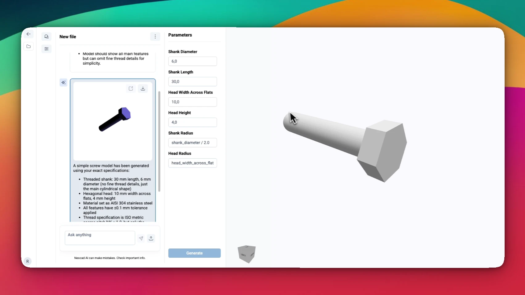Neocad mostra il modello 3D di una vite generata in chat e i parametri per modificarla