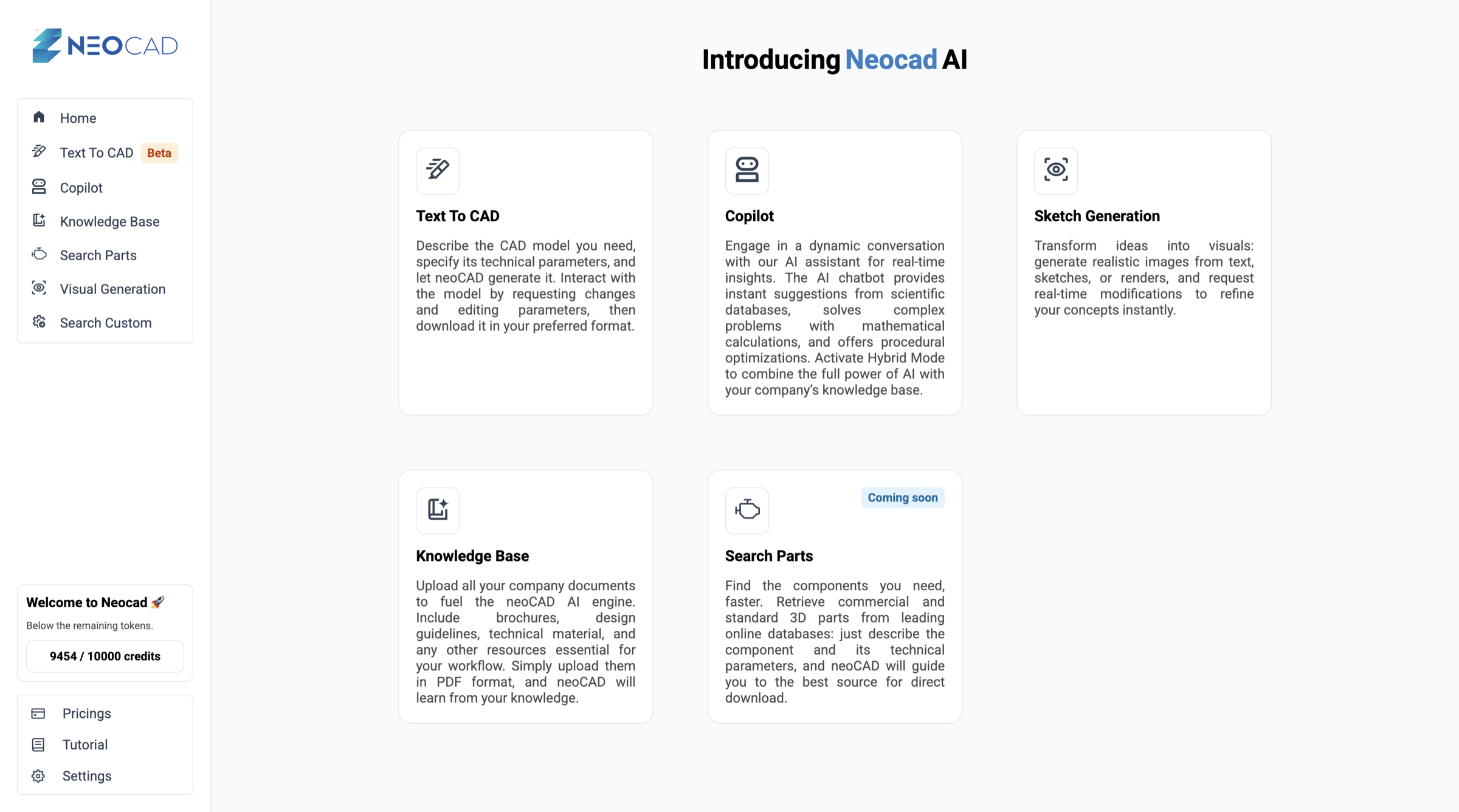 Home di Neocad con le funzionalità Text to CAD, Copilot e Knowledge Base