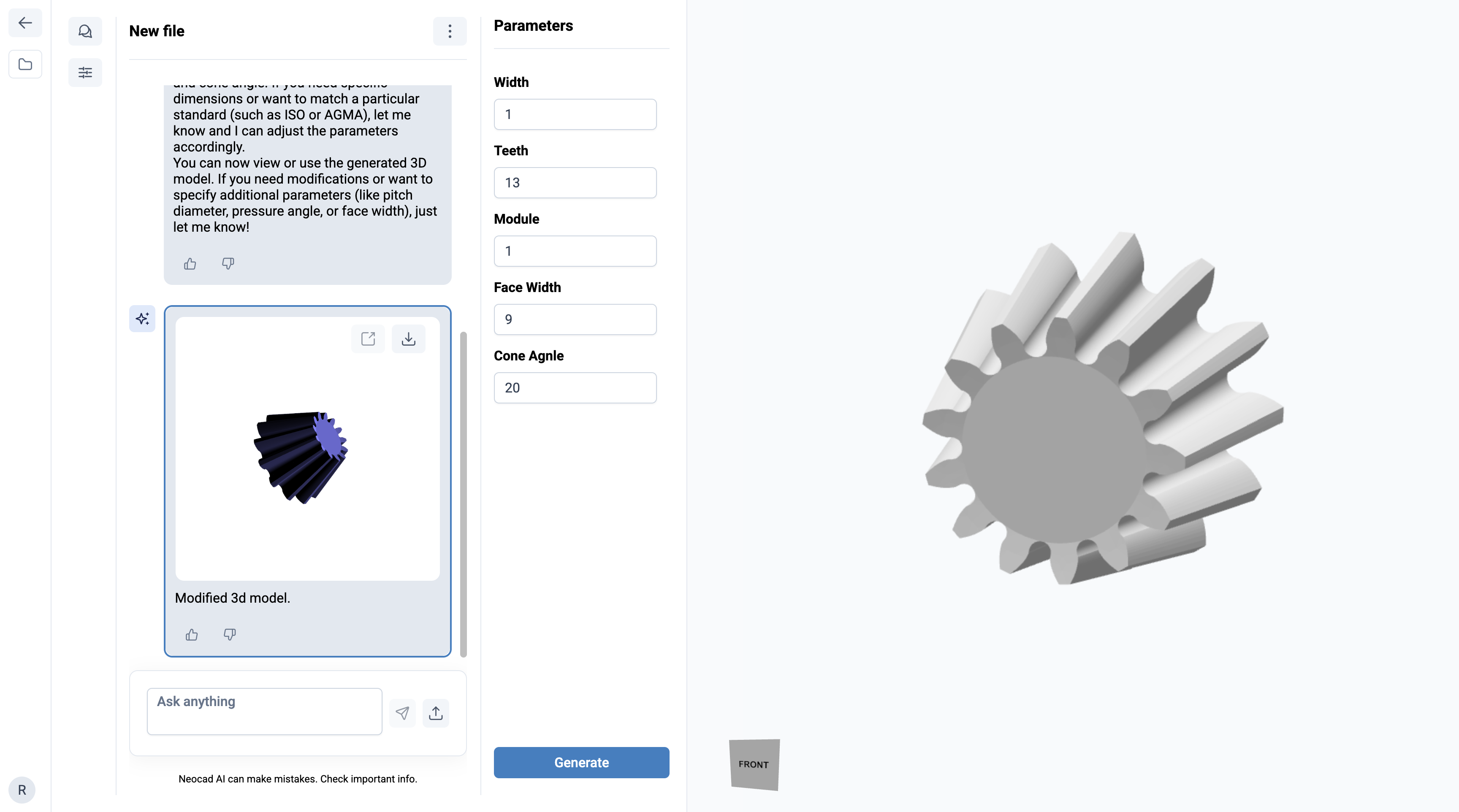 Parametri di un modello CAD modificati in Neocad con il risultato aggiornato nel viewer