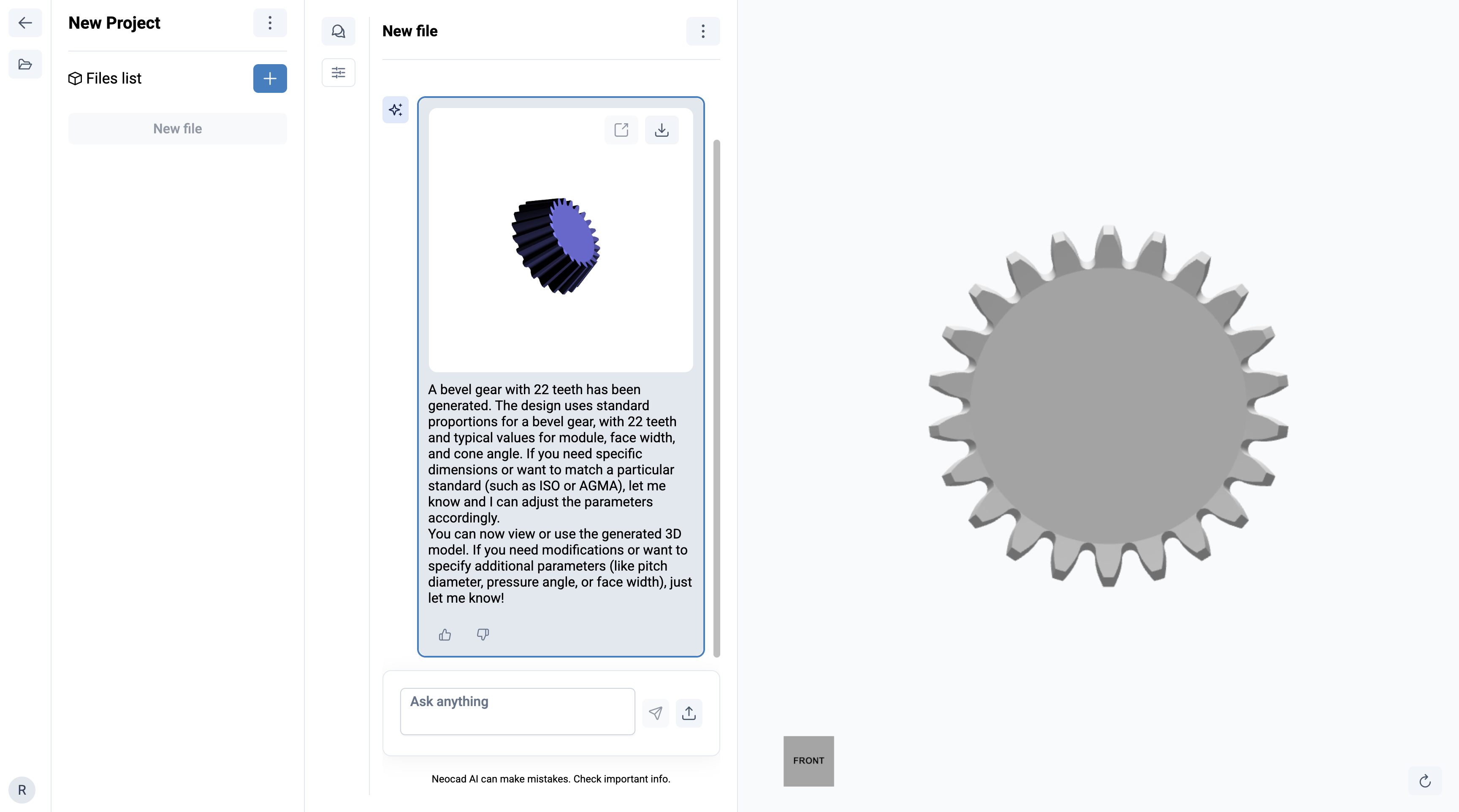 Modello CAD generato da una richiesta testuale e mostrato nel viewer 3D di Neocad